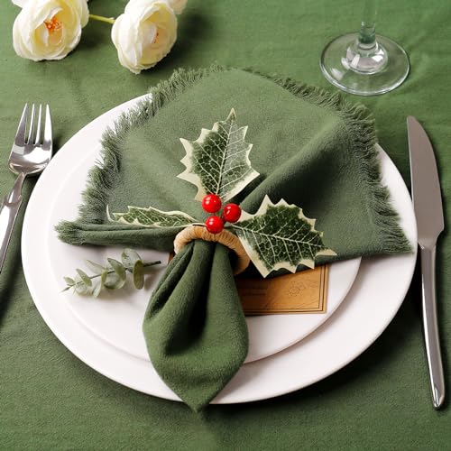 wonlex Farmhouse Napkin Ring Buckle Set of 12, Natural Rustic Serviette Buckles Holder for Table Decoration, Wedding, Thanksgiving Day,Christmas(Holly) - style: Holly