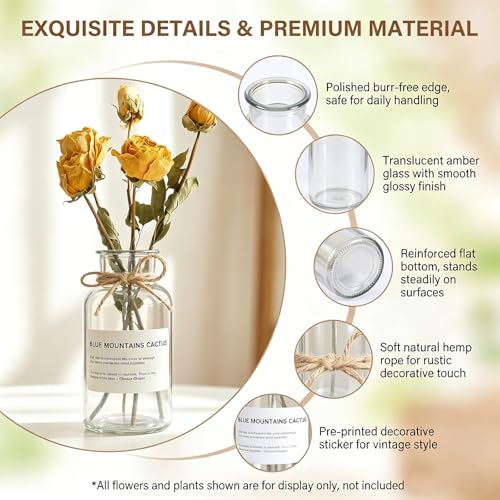 6.38 Inch 17oz Clear Glass Vase, Wide Mouth Flower Vase with Hemp Rope | Thickened Glass Body, Natural Hemp Rope, Smooth Wide Mouth, Stable Base, DIY Sticker Included, 2 Color Options - color: Clear