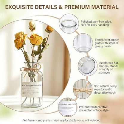6.38 Inch 17oz Clear Glass Vase, Wide Mouth Flower Vase with Hemp Rope | Thickened Glass Body, Natural Hemp Rope, Smooth Wide Mouth, Stable Base, DIY Sticker Included, 2 Color Options - color: Clear