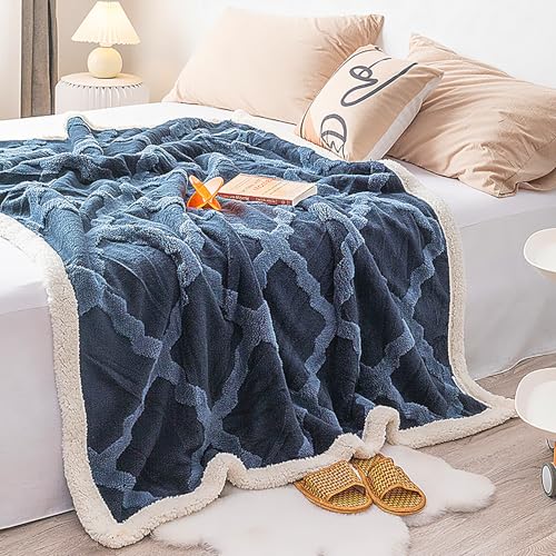 Geometric Sherpa Fleece Blanket 60 × 80 inches, Ultra Soft Twin Size Throw Blanket for All Season, Cozy Plush Bohemian Throw Blanket for Bed Couch Sofa Office Camping, Navy Blue - color: B-navy Blue Diamond, size: 60x80 inch