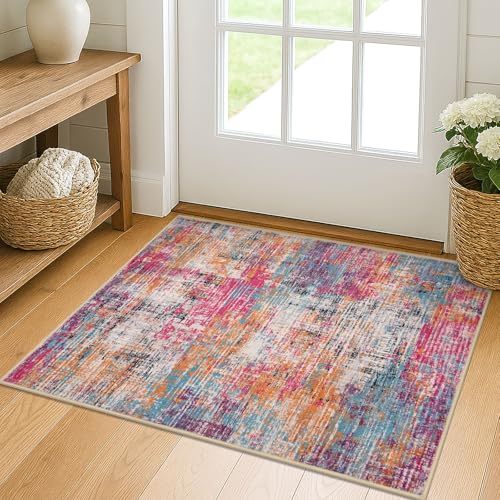 KILOCOCO Abstract Small Rug 2x3 Washable Entryway Rug, Pink/Orange/Blue | Machine Washable Kitchen Rug, Non Slip Door Mat Indoor Entrance, Soft Entry Rugs for Inside House, Printed Throw Rugs - color: Multi Pink, size: 2' x 3' (Rectangular)