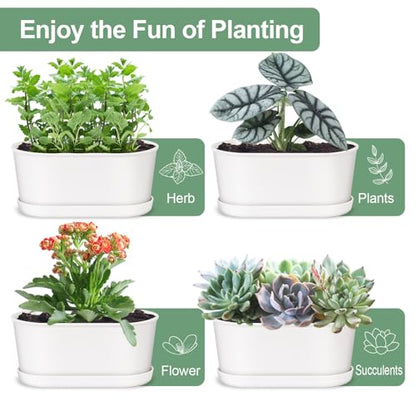Set of 8 White Oval Window Sill Planters with Drainage Holes and Trays（7 Inch） for Herbs Basil Orchids Succulents, Modern Herb Garden Planter for Indoor/Outdoor Plants - size: 7 x 3.95 x 3.15-inch