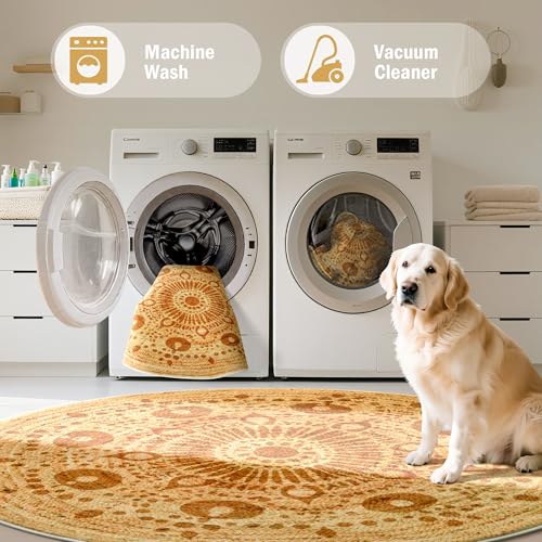 Carvapet 5ft Round Area Rug Washable Jute Style Low Pile Carpet | Stain resistant rug with non slip backing and foldable design for living rooms, bedrooms, offices and bathrooms - color: S-brown, size: 5' (Round)