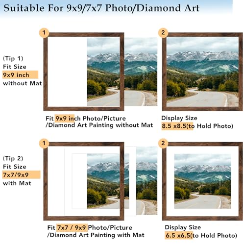 9x9 Picture Frame with 7x7 Mat Deep Brown, Display 7x7 with Mat or 9x9 Without Mat, Wood 9 by 9 Photo Frame, 9 x 9 Frame for Wall Hanging and Tabletop Display, Deep Brown, 3 Pack - size: 9x9 inch