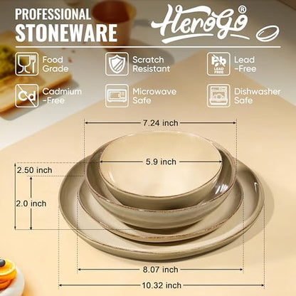 Herogo Dinnerware Sets for 6, 24pcs Stoneware Dinner Dish Set, Irregular Handmade Plates and Bowls Dishware, Crack and Scratch Resistant, Microwave & Dishwasher Safe, Cream Khaki - color: Cream Khaki, size: 6 Set (24pcs)