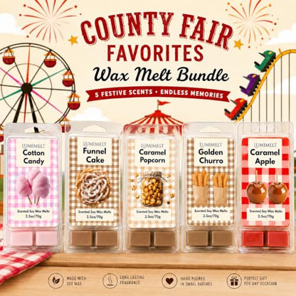LUMIMELT County Fair Favorites Wax Melt Bundle – 5 Pack Scented Soy Wax Melts – Caramel Popcorn, Funnel Cake, Cotton Candy, Caramel Apple & Golden Churro – Long Lasting Home Fragrance