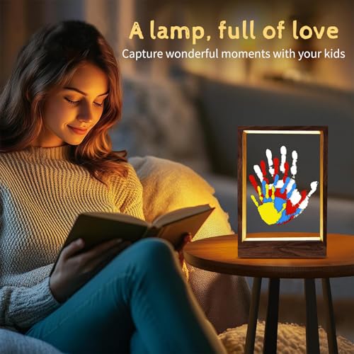 CHERRY CHEERS Family Handprint Kit with Light, Handprint Keepsake Frame, Wooden Led Light, Easy Install, No Need Screw etc, Non-Toxic Paints (Brown) - color: Brown