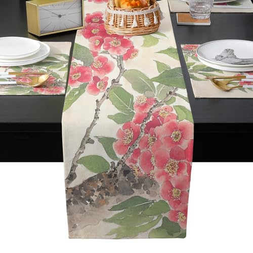 Table Runner and Placemats Set of 6 Flowers Leaves Decorative Dining Table Runner with Matching Placemats Retro Floral Red Table Decor for Kitchen Dining Room and Everyday Use 13x90in - size: 13"x90"+6pcs