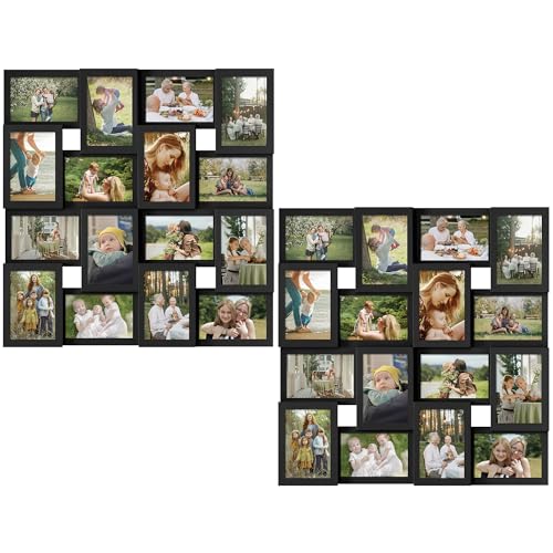 J.M.Deco 2 Pack - 16 Opening Picture Frames Collage Wall Decor, for 4x6 Photo Frame, One-Piece, with Metal Hooks -Black - color: Black * Square