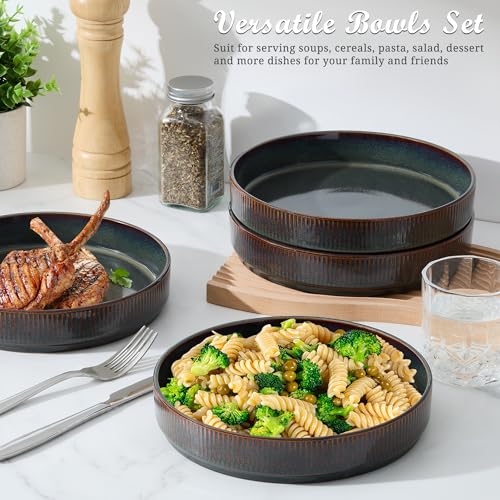 E-far Pasta Bowls Set of 4, 35oz Large Salad Bowl Plate for Dinner Serving, Wide & Shallow Ceramic Stoneware Pasta Plates, Microwave & Dishwasher Safe, Reactive Glaze Textured Stripes, Blackish Green - color: Blackish Green