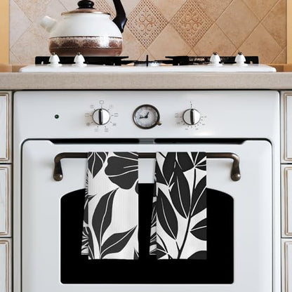Boho Black and White Kitchen & Bath Towels Set, 2 x 16x24 Inch Floral Dish & Hand Towels - color: 24- Abstract Towels