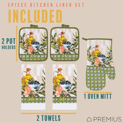 5 Piece Olive Oil & Branch Printed Kitchen Linen Set, 2 Cotton Towels,2 Potholders,1 Oven Mitt with Hanging Loop, 100% Cotton Material on Front & Polyester Backing, Perfect Kitchen Accessory - color: Olive Oil & Branch