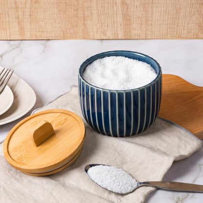 Salt Cellar Keeper with Bamboo Lid, 14oz Big Capacity Ceramic Sugar Bowls Pepper Box, Crackle Glaze Seasoning Container Condiment Pot for Kitchen (Blue Color) - color: Blue