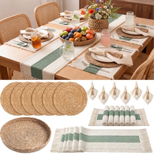 6 Sets Green Kitchen Decor,Table Setting Decor with Round Woven,Rectangular Boho,Wooden Bead Napkin Rings,Cloth Napkins,Table Runner & Storage Basket,Natural Burlap Cotton for Kitchen Dining Table - color: Green