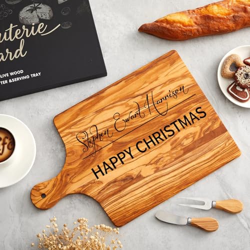 Olive Wood Charcuterie Board Knife Fork Set Rectangle Long Handle | 15x10 Handcrafted Cheese Serving Platter, Wedding Housewarming Gifts Couples, Natural Wood Grain Kitchen Board - color: Olive Wood, style: Rectangle with Long Handle
