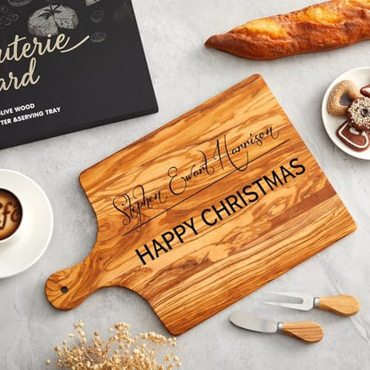 Olive Wood Charcuterie Board Knife Fork Set Rectangle Long Handle | 15x10 Handcrafted Cheese Serving Platter, Wedding Housewarming Gifts Couples, Natural Wood Grain Kitchen Board - color: Olive Wood, style: Rectangle with Long Handle