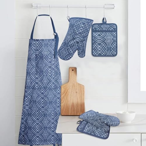 Oven Mitts and Pot Holders with Cooking Apron Set of 5, Heat Resistant Kitchen Gloves and Silicone Non-Slip Potholders (Dusty Blue) - color: Dusty Blue
