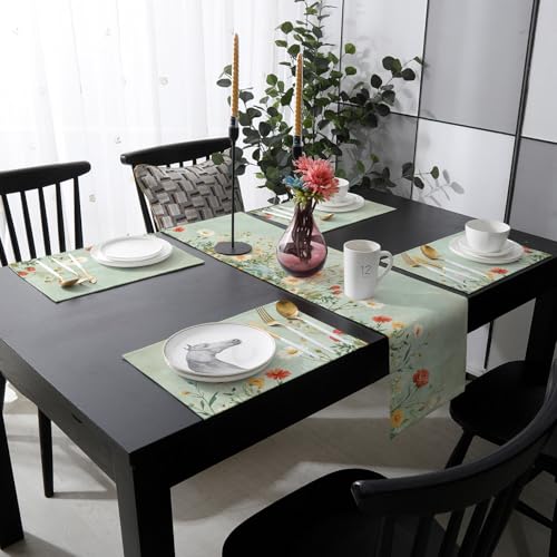 Table Runner and Placemats Set of 6 Red Orange White Flowers Decorative Dining Table Runner with Matching Placemats Green Oil Painting Table Decor for Kitchen Dining Room and Everyday Use 13x90in - size: 13"x90"+6pcs