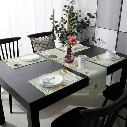 Table Runner and Placemats Set of 6 Red Orange White Flowers Decorative Dining Table Runner with Matching Placemats Green Oil Painting Table Decor for Kitchen Dining Room and Everyday Use 13x90in - size: 13"x90"+6pcs