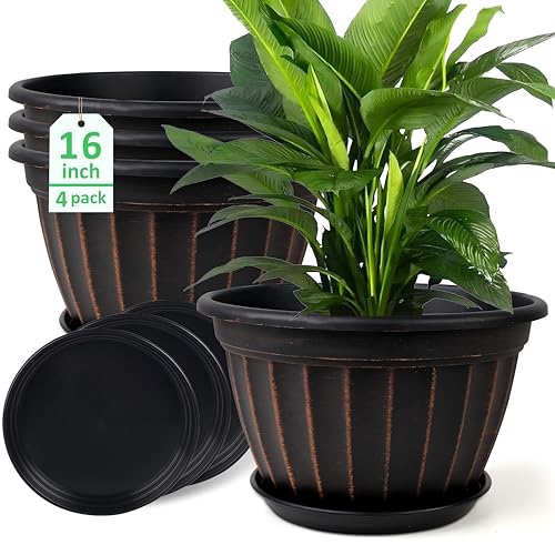 4 Pack 16 inch Plant Pots, Retro Vertical Stripe Flower Pots Outdoor | Large Planters with Drainage Holes and Saucer, Sturdy Plastic Garden Pots for Indoor Outdoor Plants(Black) - color: Black, size: 16 inch-4 pack