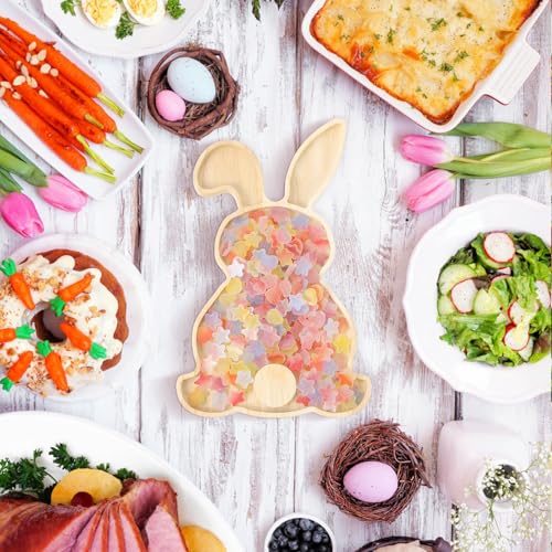 Toddmomy Easter Bunny Wooden Serving Tray, 11-Inch Rabbit Shaped Charcuterie Board, Natural Wood Fruit & Snack Platter for Easter Farmhouse Table Decor, Spring Party Appetizer Dish