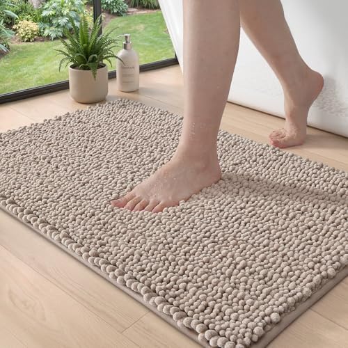 DEXI Bathroom Rugs 24x16, Super Soft Thick Chenille Absorbent Bath Mat, Non Slip Machine Washable Fluffy Shag Bathmat for Tub, Shower Floor, Dark Beige - color: Dark Beige, size: 24" X 16" (Rectangular)