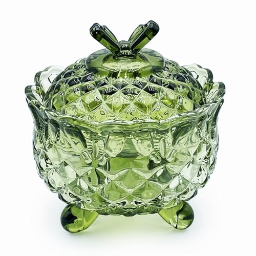 Colorful Crystal Glass Candy Snack Barrel Storage Jar Embossed Luxury Cookie Buffet Canister With Lids Jewelry Box Jar Biscuit Containers(Olive Green Color) - color: Butterfly-Olive Green Color