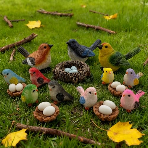32 Pcs Bird Decorative Figurines Miniature Bird Nest Egg Figurines Cake Topper for Fairy Garden Moss Micro Landscape Home Decoration