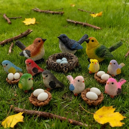 32 Pcs Bird Decorative Figurines Miniature Bird Nest Egg Figurines Cake Topper for Fairy Garden Moss Micro Landscape Home Decoration