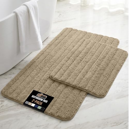 GORILLA GRIP Memory Foam Bathroom Rugs, Soft Absorbent Textured Rubber Backing Striped Bath Mat, Set of 2 Machine Washable Quick Dry Floor Mats, Shower Rugs Home Accessories, Beige 24x16 and 30x18 - color: Beige, size: 24" X 16" + 30" X 18"