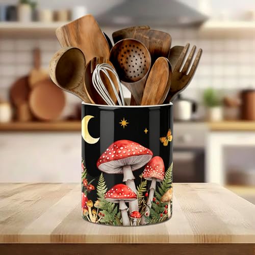 Mushroom Night Kitchen Utensil Holder, Large Black Mushroom Ceramic Utensil Holder For For Kitchen Organizer, 6.3'' Cooking Utensil Crocks Farm Decor Countertop Utensil Storage Keep Kitchen Clean - color: Cute Mmushroom