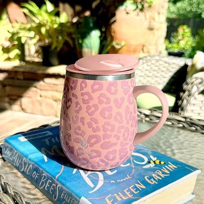 Ideus 16 oz Insulated Coffee Mug with Handle and Lid, Double Wall Stainless Steel Vacuum Thermal Coffee Mug, Travel Coffee Cup Thermal Cup for Home and Office (Leopard Pink, FUJI DAWN) - color: Leopard Pink