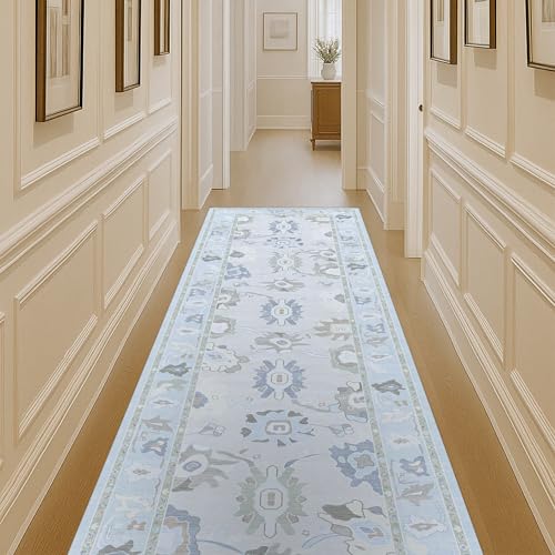 Fame Living Cream Blue Oushak Runner Rug, Modern Runners, Turkish, Eclectic, Floral, Pastel, Washable, Small Rugs, Short Runner for Hallway, Entryway, Laundry, Bedroom, Kitchen, Bathroom, 2'5"x6'5" - color: Cream Blue, size: 2'6" x 6'6" (Rectangular)