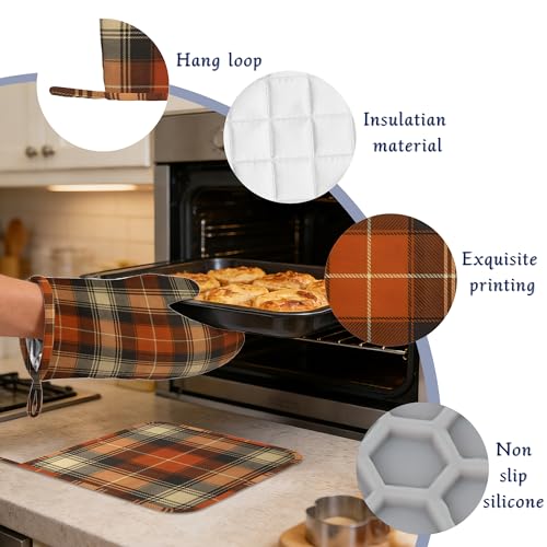 Brown Buffalo Plaid Oven Mitts and Pot Holders Retro Check Silicone Kitchen Accessories Set of 4 Heat Resistant Non-Slip Long Gloves Potholder for Chef Cooking Baking Gifts Women Men - color: Brown Buffalo Plaid,retro Check