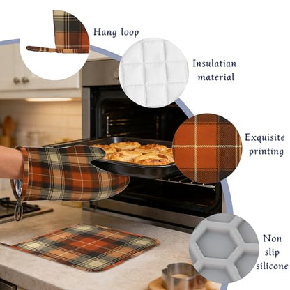 Brown Buffalo Plaid Oven Mitts and Pot Holders Retro Check Silicone Kitchen Accessories Set of 4 Heat Resistant Non-Slip Long Gloves Potholder for Chef Cooking Baking Gifts Women Men - color: Brown Buffalo Plaid,retro Check