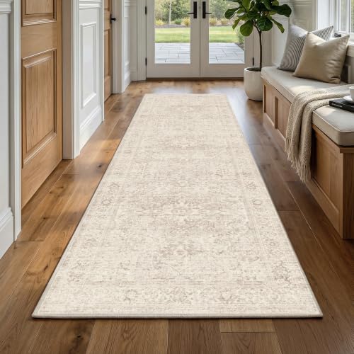FMFUNCTEX 2x10 Hallway Runner Rug Washable Beige Neutral Oriental Vintage | Cream Distressed Pattern Soft Non Slip Low Pile Indoor Throw Carpet Entryway Entry Kitchen Bedroom Bathroom Laundry Bedside - color: Beige, size: 2' x 10' (Rectangular)