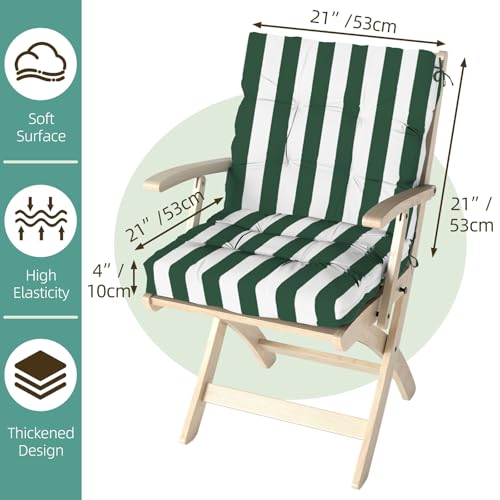 Outdoor Chair Cushions 42x21x4 Inch Set of 2, Dark Green Stripe | Patio Cushions for Dining Rocking Chairs, High Back Soft Seat Pad with Ties, Waterproof Fade Resistant, Indoor Outside Use - color: Dark Green White Stripes