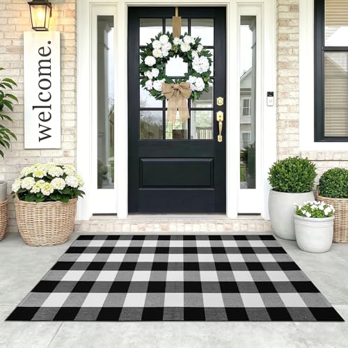 KOZYFLY Buffalo Plaid Area Rugs 3x5 Ft Black and White Checkered Rug Washable Front Door Mat Hand Woven Cotton Outdoor Rug Large Rug for Front Porch Kitchen Entryway Patio Bathroom | Washable Front Door Mat, Woven Cotton Outdoor Rug, Large Rug for Front P