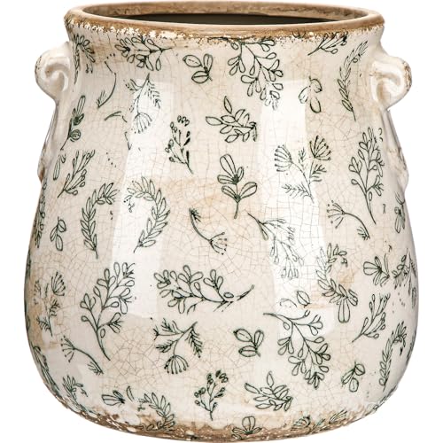 Ceramic Scroll Planter 6.5 Inch Chinoiserie Floral Vase with Drainage Holes Vintage Flower Vase Flower Pot Rustic Ceramic Pots for Indoor Plants Garden Home Bookshelf Decor(Leaves) - style: Leaves