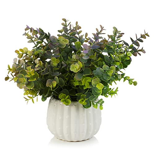 Potted Plants Artificial Decor, Artificial Eucalyptus Plants in White Ceramic Pots, Small Potted Fake Plants for Decorations