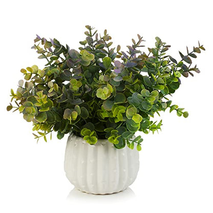 Potted Plants Artificial Decor, Artificial Eucalyptus Plants in White Ceramic Pots, Small Potted Fake Plants for Decorations