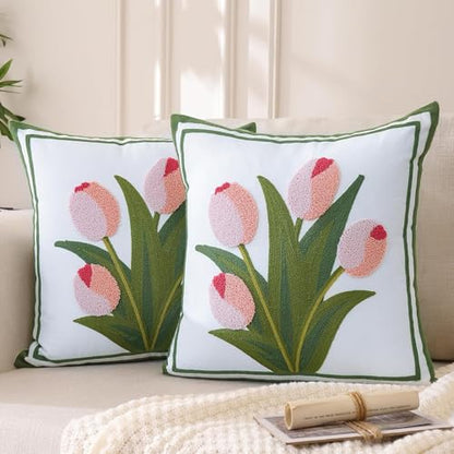 LUOYEHK Embroidered Throw Pillow Covers 18x18 Inch Set of 2 Pink Tulip Flower Spring Pillowcases Farmhouse Floral Square Cushion Covers for Couch Sofa Bed Living Room - color: Pink Tulip