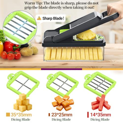 15-in-1 Vegetable Chopper 10 Blades, Veggie Cutter with Handle, Green/Grey | Stainless Steel Blades, Food Container and Lid, Dicer, Slicer, Julienne, Egg Separator, Non-slip Base, Include Cleaning Tools - color: Green, size: 10 blades