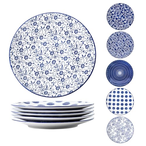 Ceramic Dinner Plates Set - 10.5 Inch Large Kitchen Porcelain Salad Serving - Scratch Resistant Microwave Oven Dishwasher Safe - Dishes for Pizza Pancakes Pasta Steak - Set of 6 - Vintage Blue - color: Vintage Blue, size: 10.5 INCH