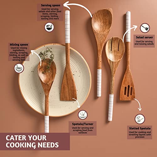 Folkulture Wooden Spoons for Cooking,Kitchen Utensils Set of 5(12") | Smooth Finish, Soft, Comfort, Durable, Non Toxic, Non Stick, Acacia Wooden Spoons, Cooking Gifts for Women,Kitchen Essentials - color: White Check