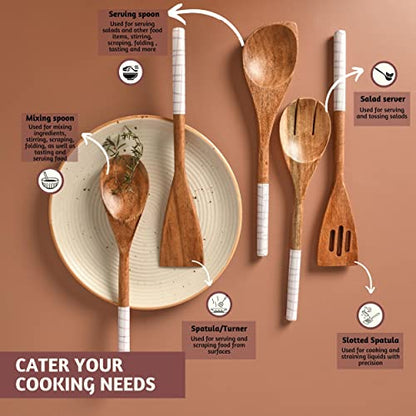 Folkulture Wooden Spoons for Cooking,Kitchen Utensils Set of 5(12") | Smooth Finish, Soft, Comfort, Durable, Non Toxic, Non Stick, Acacia Wooden Spoons, Cooking Gifts for Women,Kitchen Essentials - color: White Check