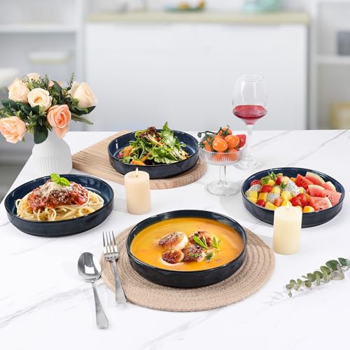 LIANYU 33oz Pasta Bowls Sets of 4, Wide Shallow Stoneware Dinner Plates | 8.25’’ Large Ceramic Serving Bowls for Salad, Noodles, Soup, Cereal, Microwave & Dishwasher Safe, Cetacean Blue - color: Cetacean Blue
