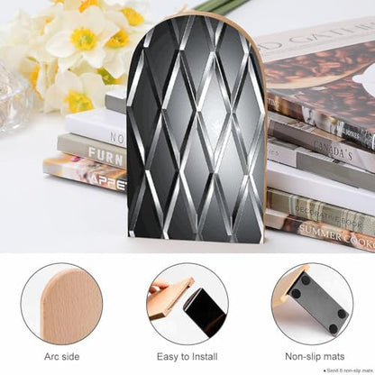Silver Geometric Figure Bookends 1 Pair Heavy Duty Book Ends for Shelves Non-Skid Bookend Supports Wooden Book Holders with Metal Base Desk Organizers Books Storage to Hold Books