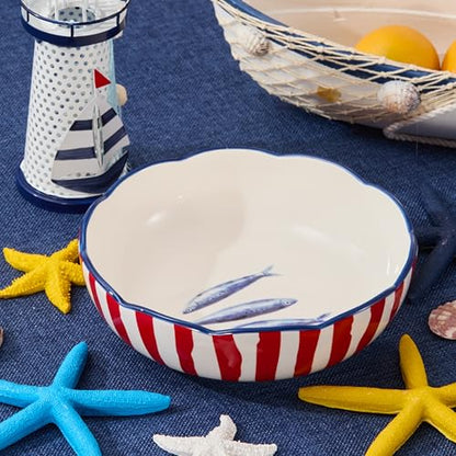 Bico Ocean Wonders Scalloped Pasta Bowls, 36oz Salad Bowl Set of 4, Large Ceramic Serving Dinner Bowls for Soup and Cereal, Microwave and Dishwasher Safe, Gift for Housewarming and Holiday - color: Ocean Creatures