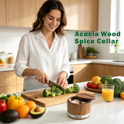 ThougrLyh Salt Cellar, Acacia Wood Salt Containers with Lid for Countertop | Built-in Spoon, Magnetic Swivel Lid, Luminous Engraved SALT Label Holder, 6oz Kitchen Salt Box for Sea Salt, Pepper & Spices - color: salt cellar